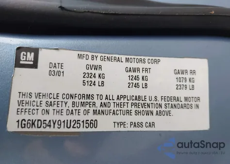 2001 Cadillac Deville Standard z USA, uszkodzony, nr VIN 1G6KD54Y91U251560